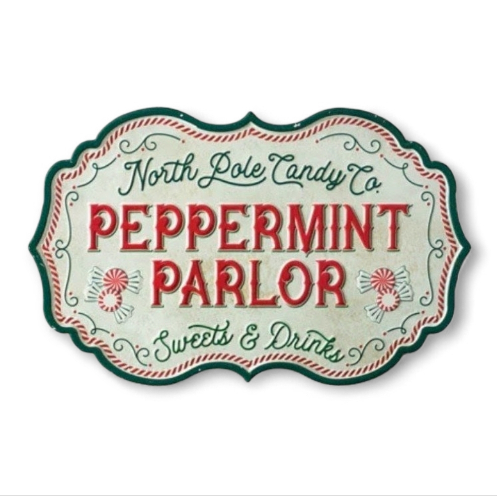 Vintage Scalloped North Pole Candy‎ Co Peppermint Parlor Metal Christmas Sign